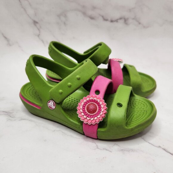 Crocs Keeley Sandals Pink Green Summer Rubber Flower Girls Child 10 - Picture 1 of 8